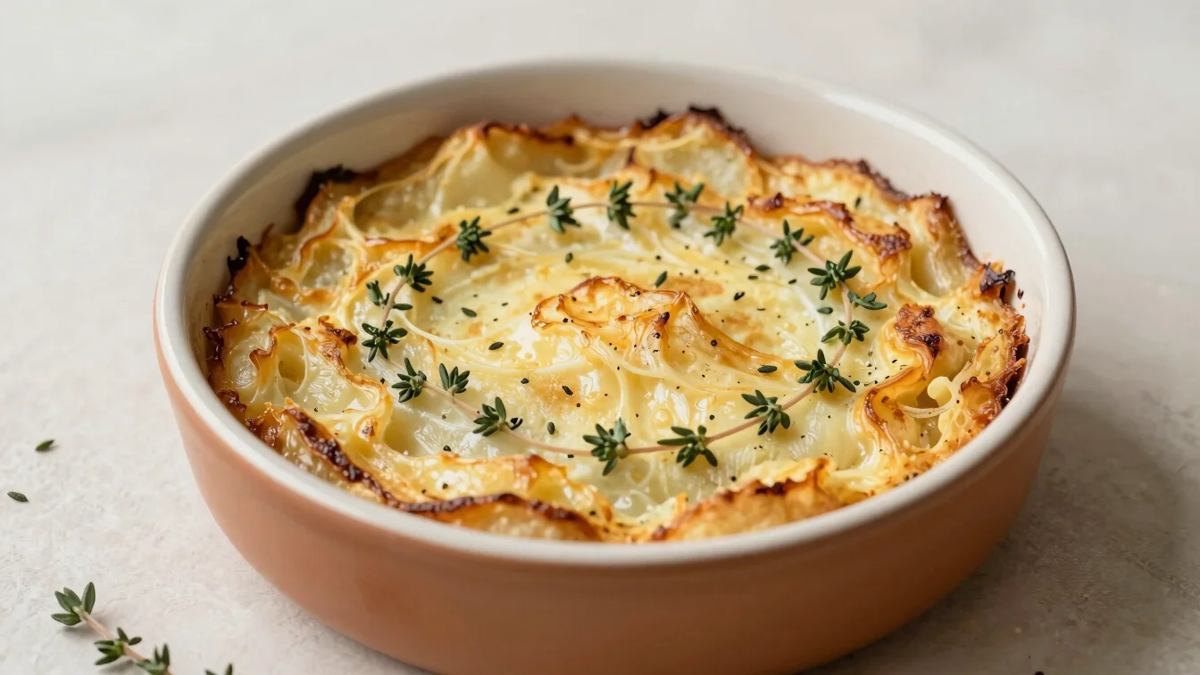 Close overhead view of a golden potato gratin in a ceramic dish w