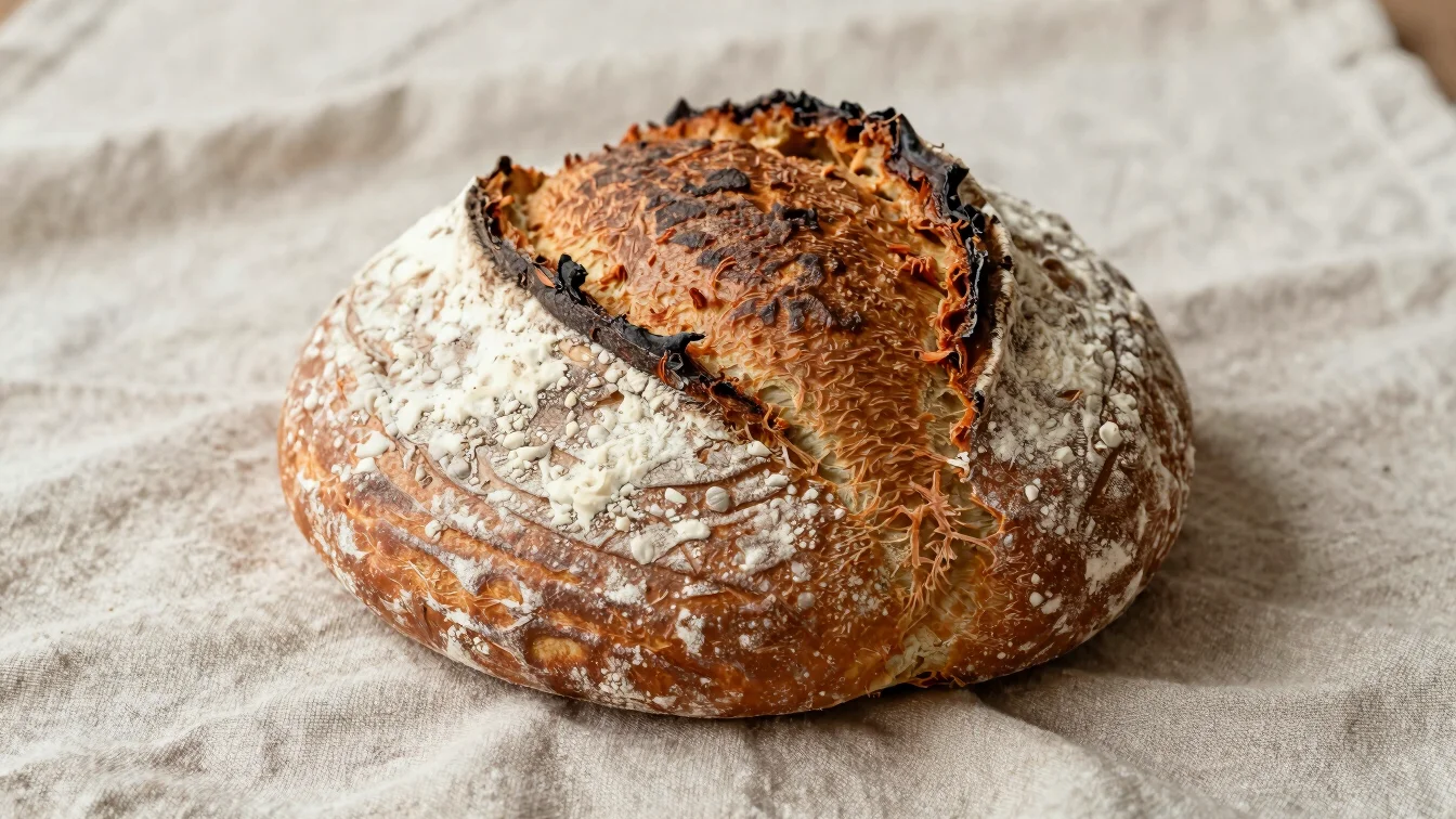 Close texture study of a rustic country loaf with a torn crust an