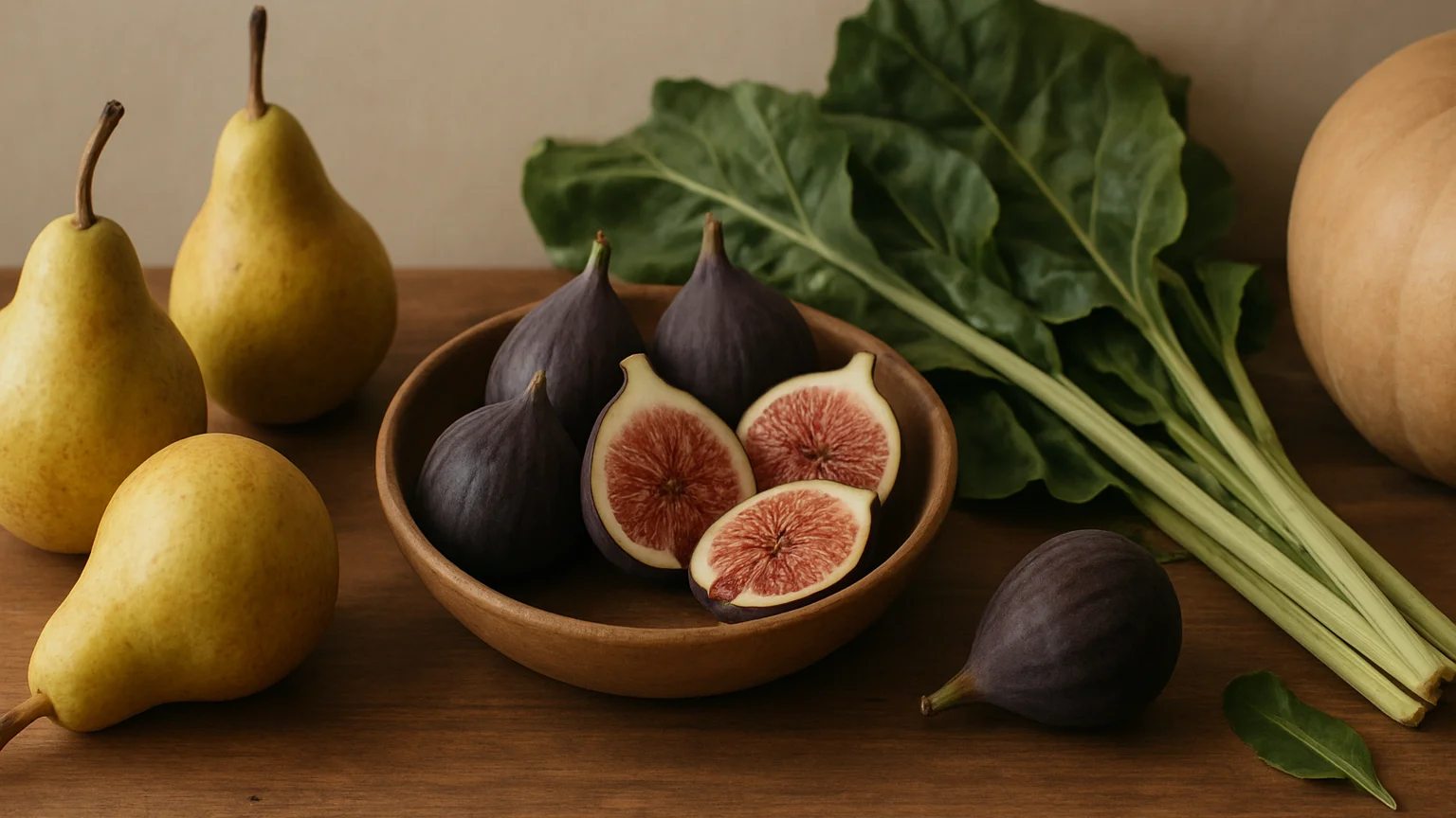 Wide table composition of seasonal produce including pears, figs,
