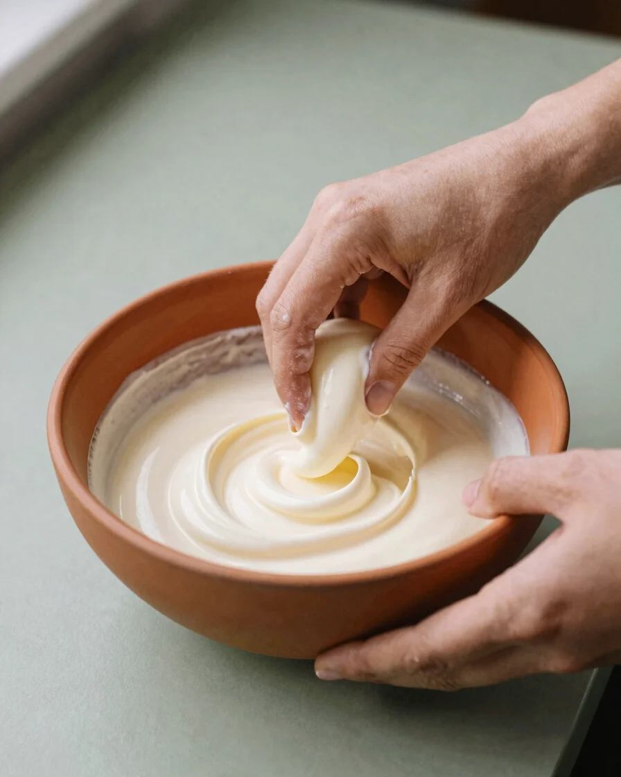 Hands gently folding cream into a bowl of batter on a sage green countertop, soft natural daylight, warm restrained mood