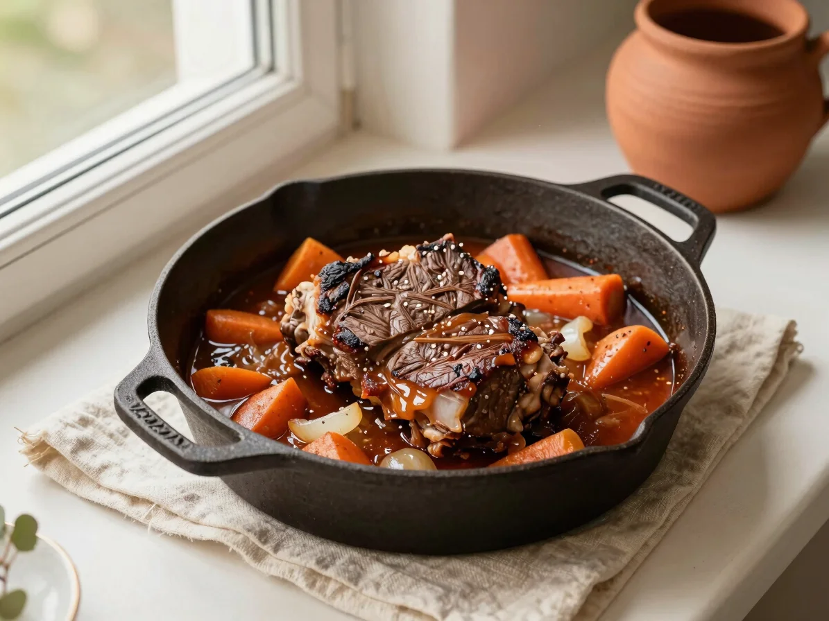 Overhead close view of a heavy cast-iron braiser holding browned beef shoulder in a rich red-wine sauce with carrots and