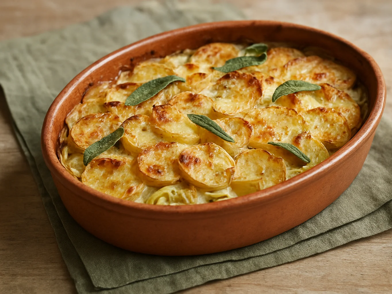 Wide three-quarter view of a terracotta gratin dish with sliced potatoes and leeks under a golden crust, sage-green line
