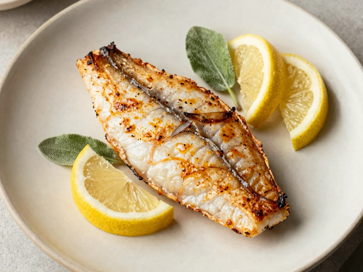 Close overhead detail of a pan-seared fish fillet with crisp skin, lemon wedges and fresh herbs on a cream ceramic plate