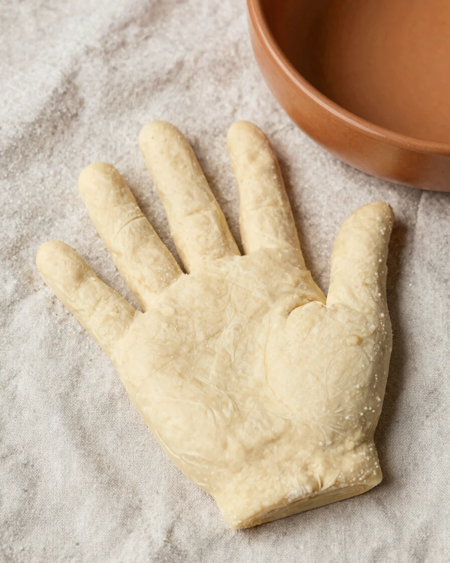 Overhead editorial food photograph of a hand-shaped boule on linen beside a bowl of golden dough, soft natural daylight,