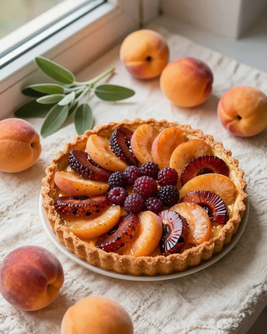Warm overhead still life of a seasonal fruit tart on a cream line