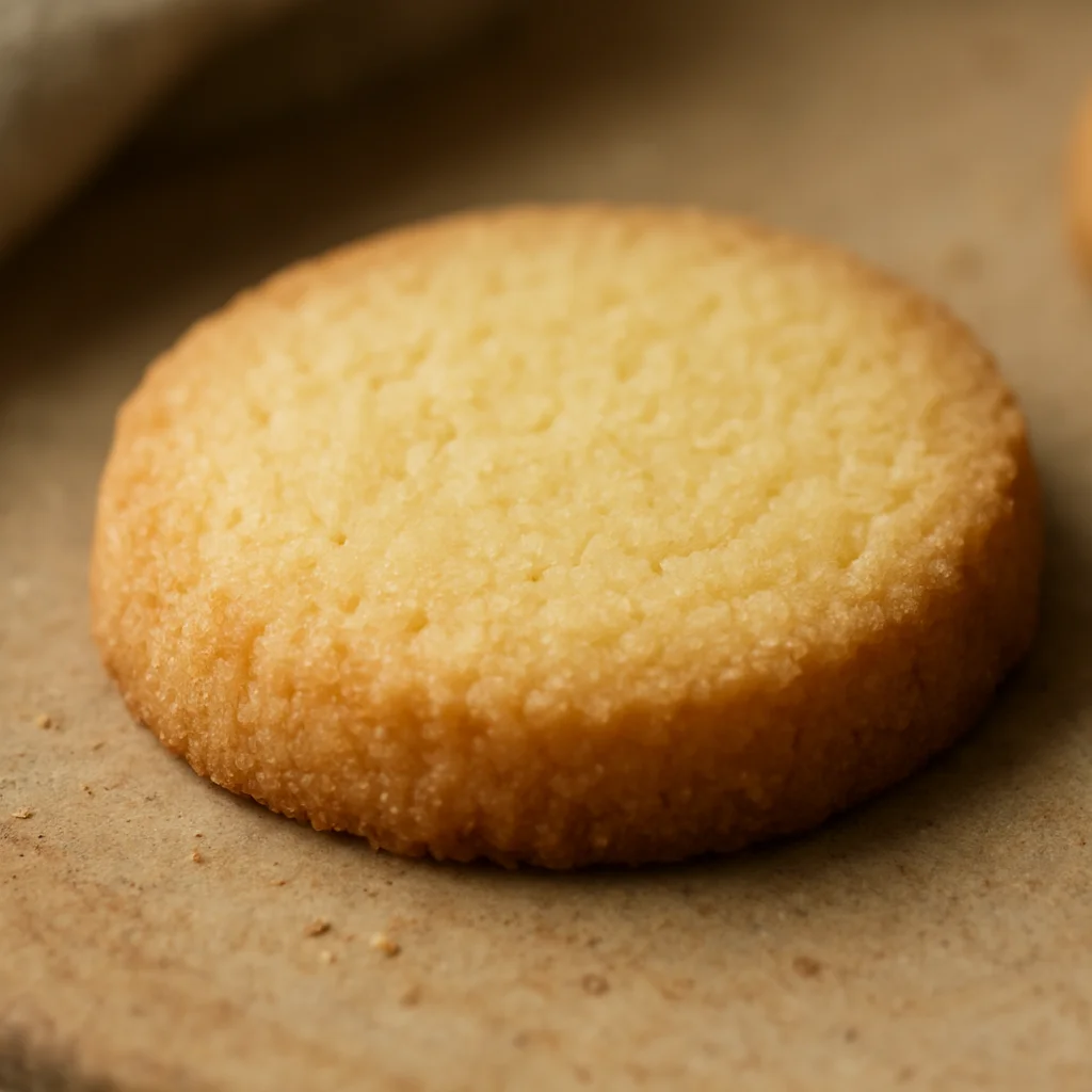 Close detail of a buttery sablé cookie with a fine crumb and cris