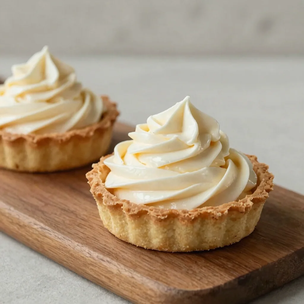 Piped vanilla crème pâtissière swirled into a shallow tart shell,