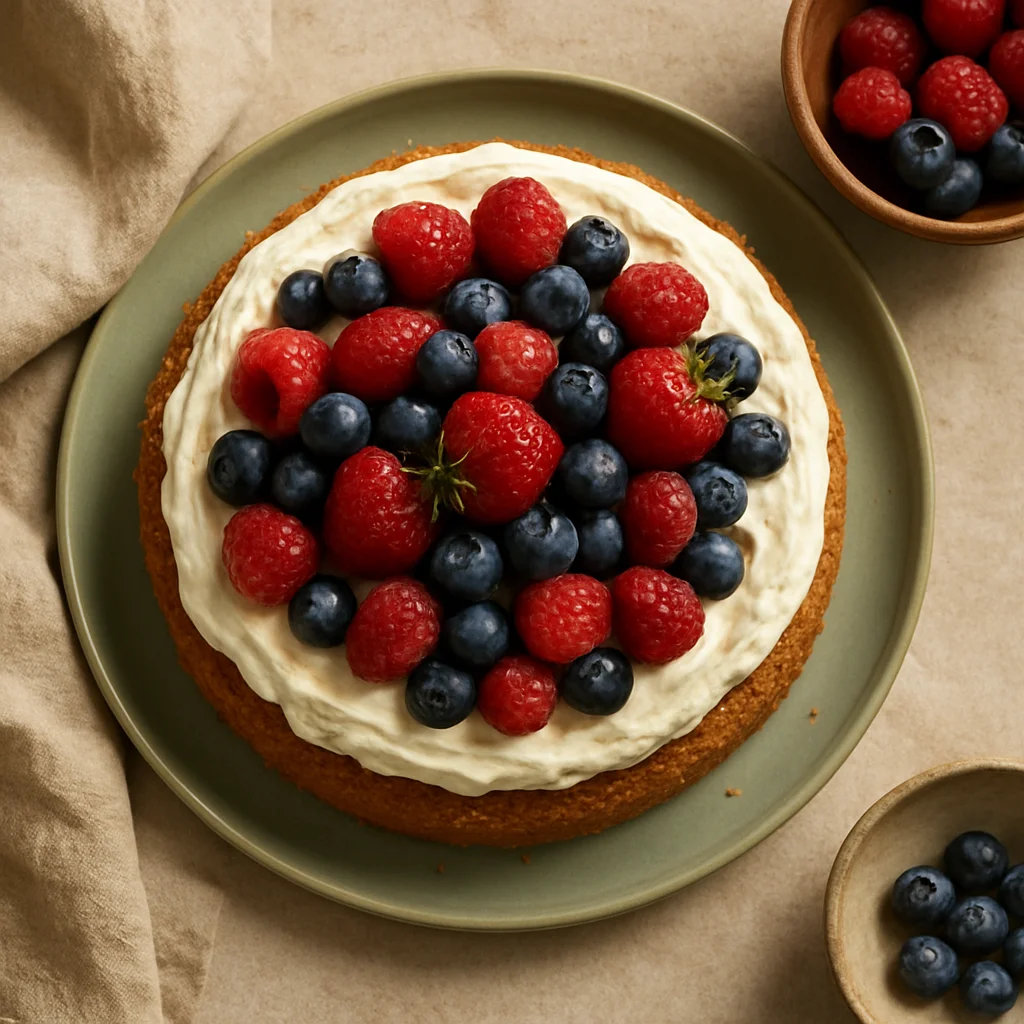 Seasonal cake with fresh berries on a sage-green plate, overhead