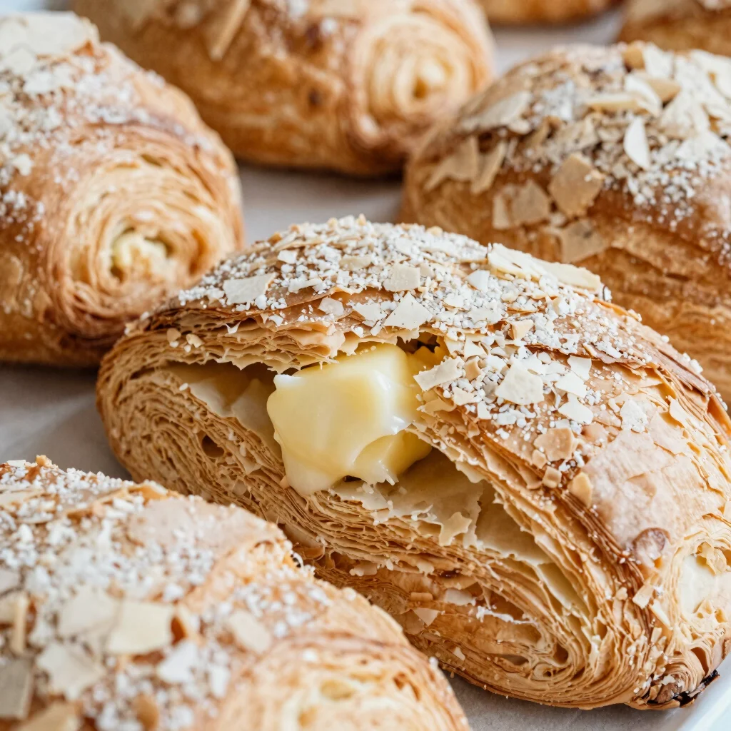 Close texture study of flaky pastry layers with melting butter, s