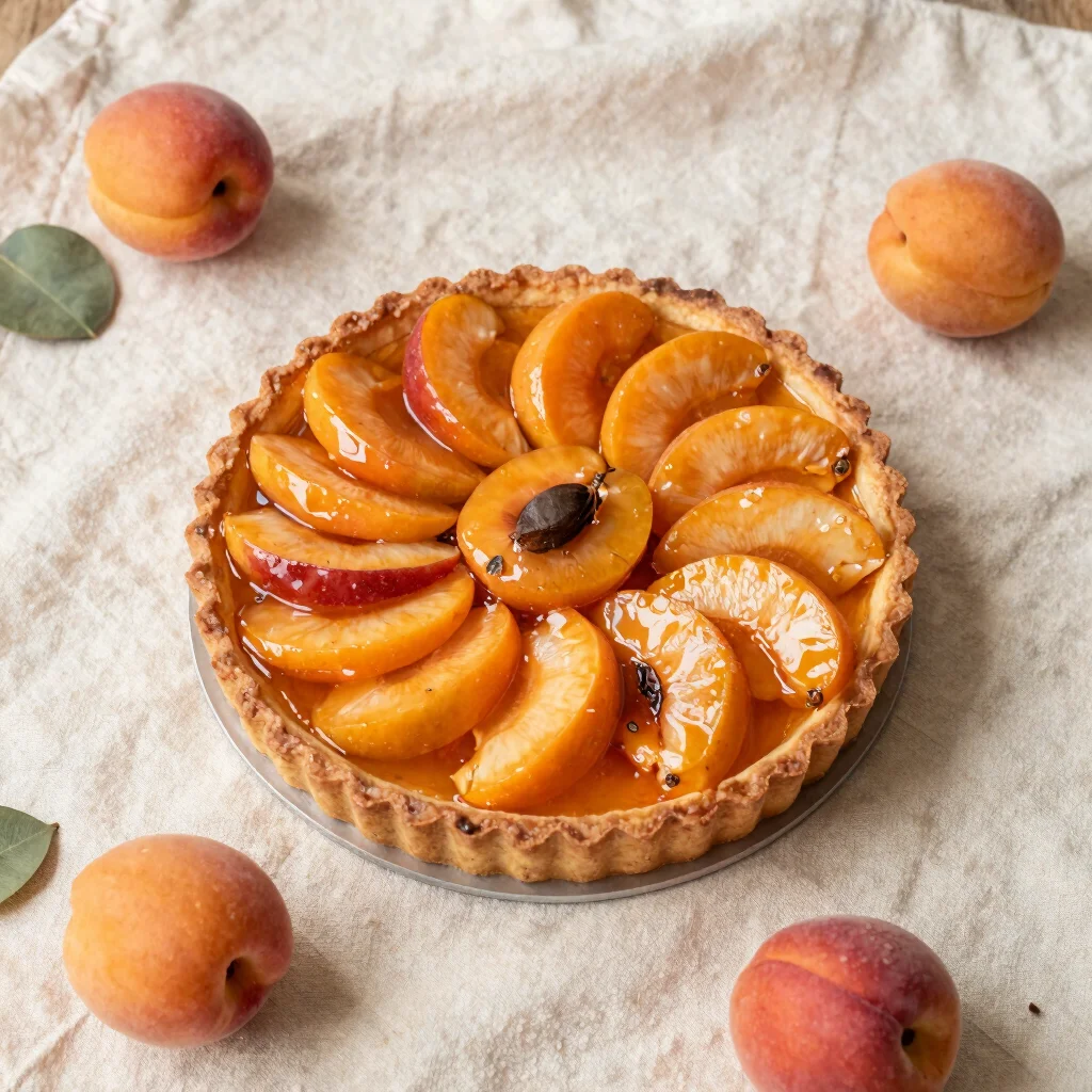 Overhead editorial food photograph of a golden fruit tart with gl